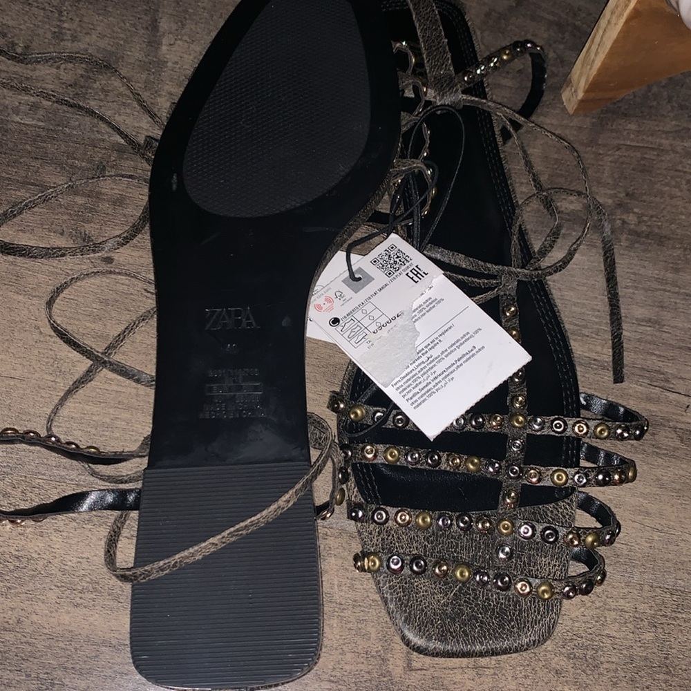 NWT ZARA LEATHER SQUARE TOE LACE UP SANDALS - Picture 10 of 11